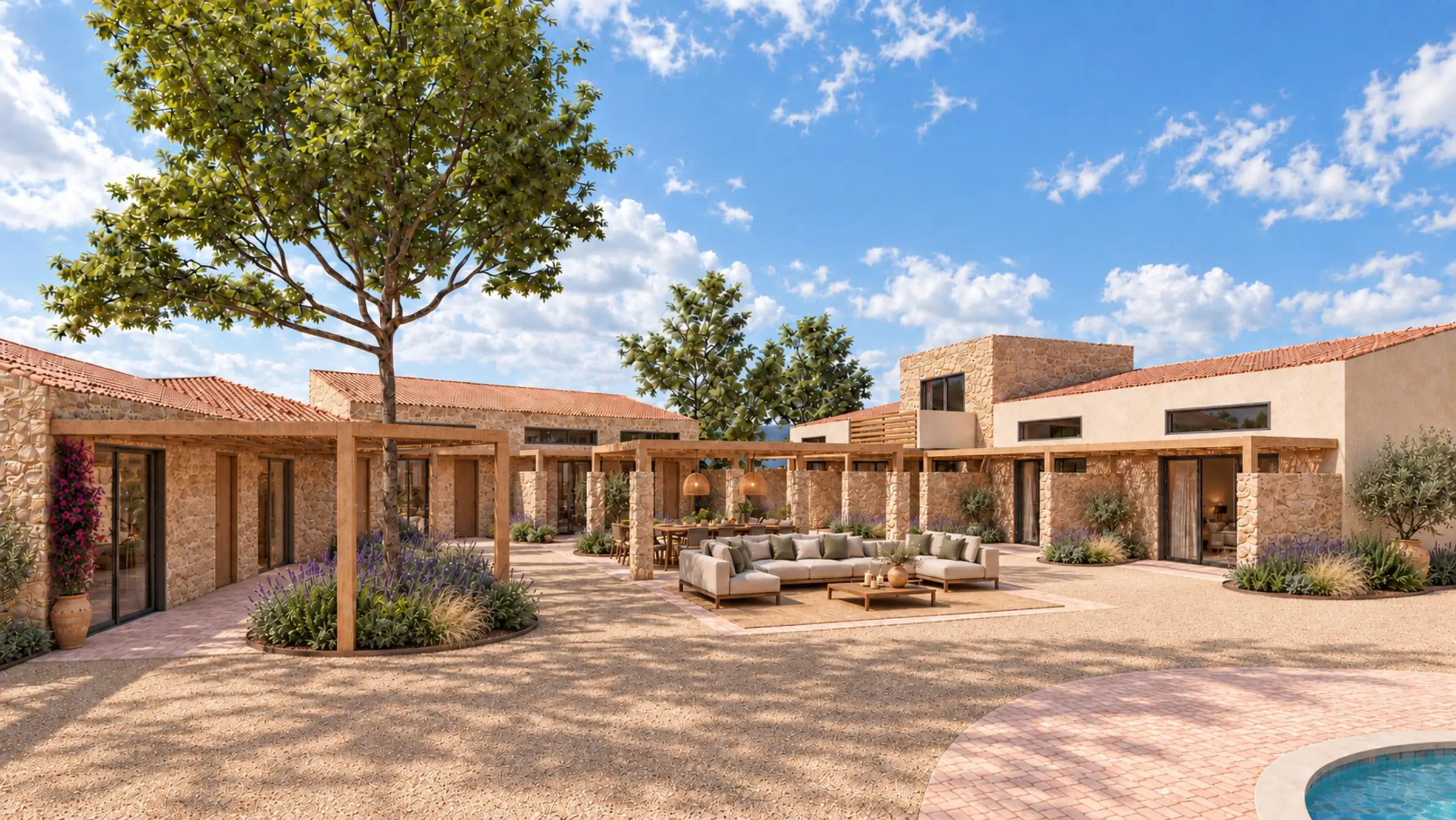 The courtyard by day, framed by the stone homes