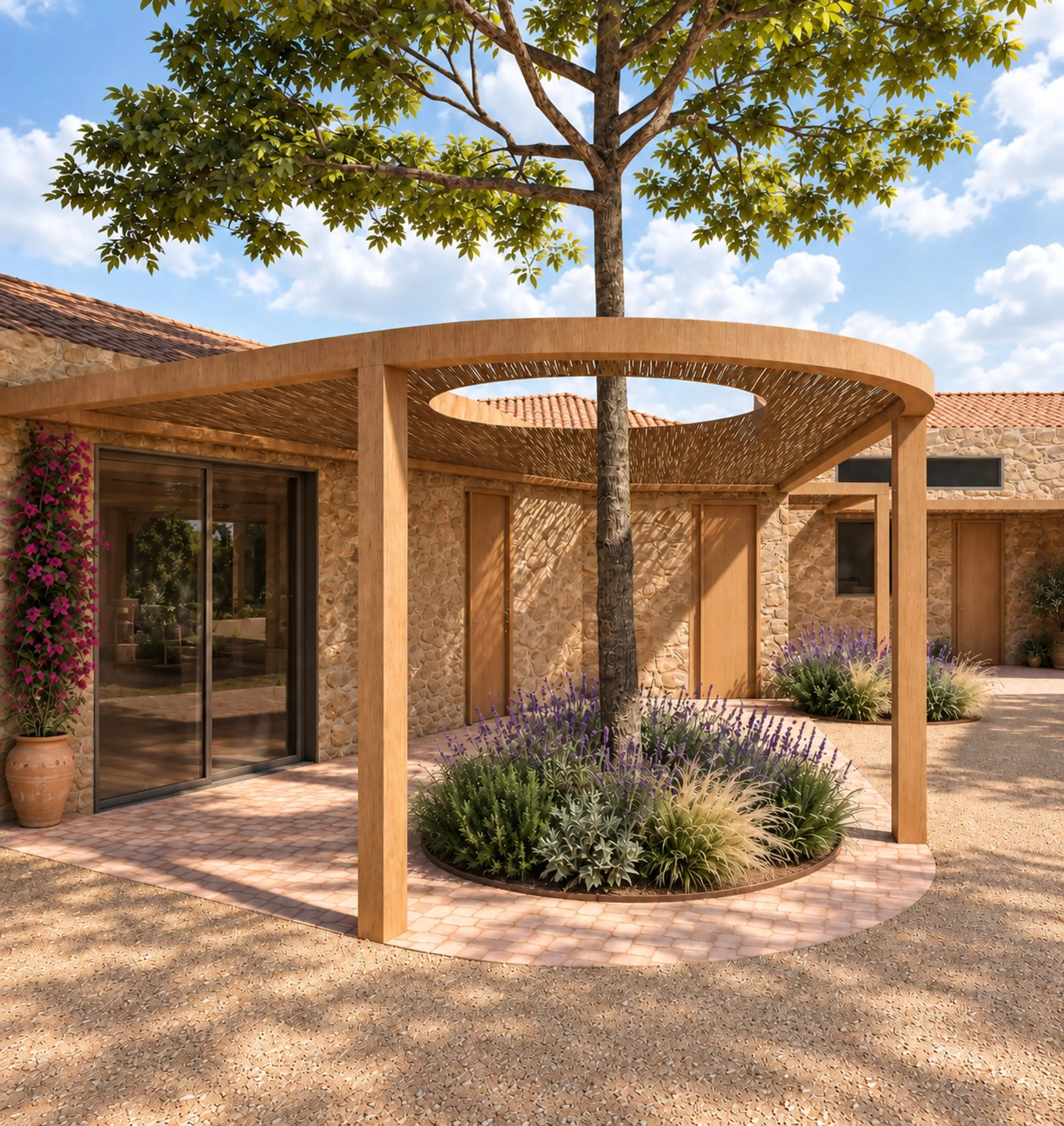 Stone walls and planting beside a Garden House